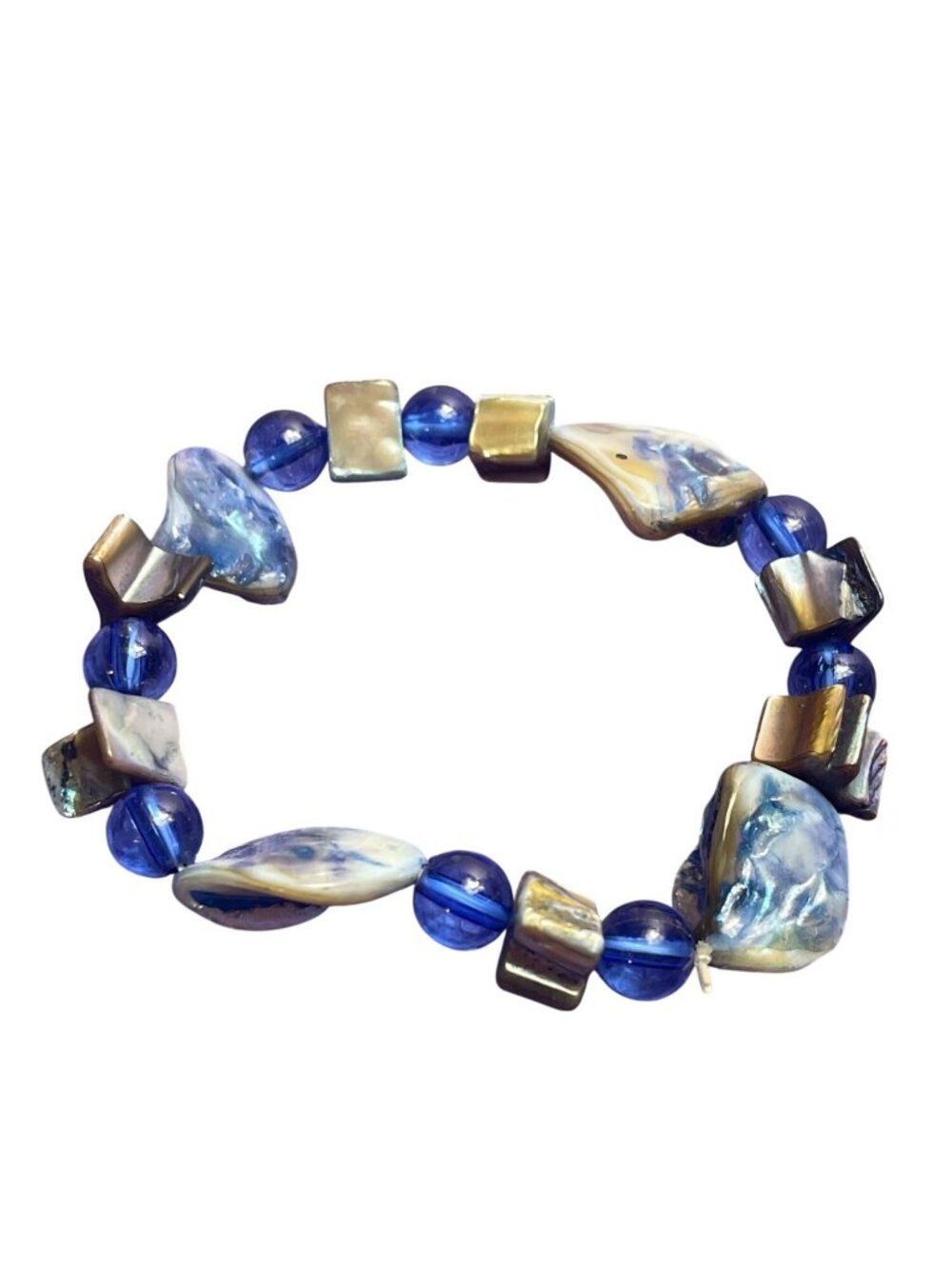 Blue Dyed Shell Plastic Beaded Stretchy Bracelet 6.5 inches Unstretched